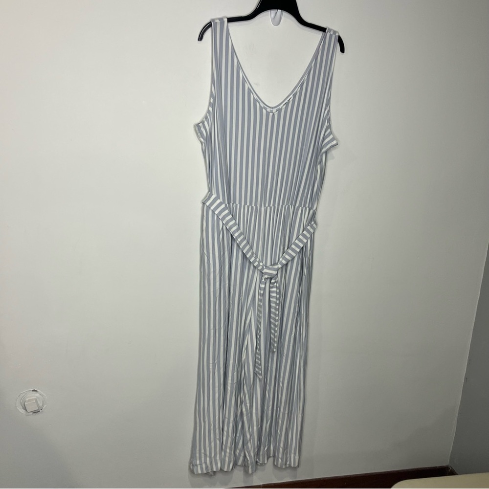 Tribal jeans v-neck wide leg jumpsuit tie waist pockets gray white women size 2X